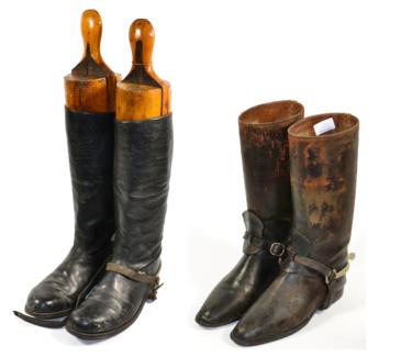 Lot 231 - A Pair of First World War Black Leather Cavalry Boots, with beech trees, a pair of nickel and...