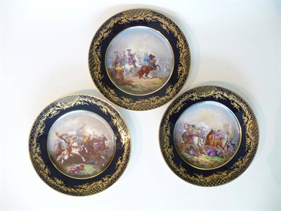 Lot 158 - A Set of Three Sevres Porcelain Cabinet Plates, 19th century, painted with titled battle scenes...