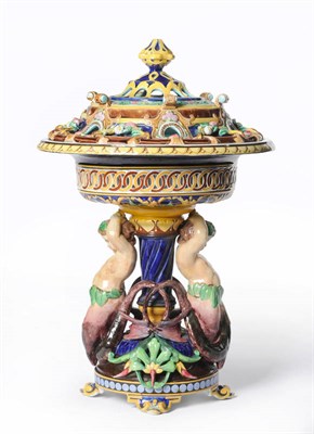 Lot 160 - A Sarreguemines Majolica Centrepiece and Cover, late 19th century, the pierced domed cover with...