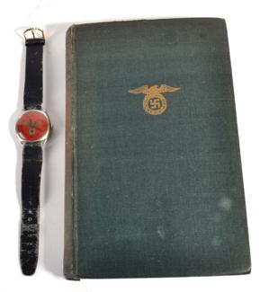 Lot 289 - A Second World War Period German Swastika Wristwatch, circa 1940, pin-pallet movement, red dial...