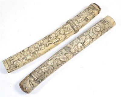 Lot 293 - Two Japanese Bone Scabbards for Tanto or Wakizashi, one carved with dignitaries, the other...