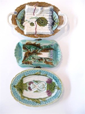 Lot 165 - A French Pottery Asparagus Dish, circa 1870, modelled as asparagus and leaves on an oval...