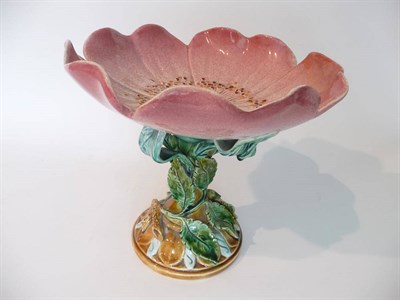 Lot 166 - A D Massier, Vallauris Majolica Style Comport, circa 1870, the pink poppy shaped top on a leaf stem