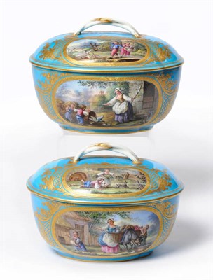 Lot 167 - A Pair of Sevres Style Porcelain Oval Tureens and Covers, 19th century, painted with titled...