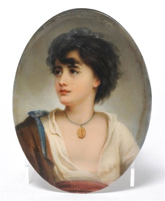 Lot 171 - A KPM Berlin Porcelain Oval Plaque, circa 1860, painted with a bust portrait of a girl wearing...