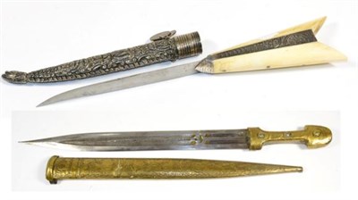 Lot 376 - A Small Greek Knife, the 11cm single edge steel blade engraved Xavia Konty, with bone eared...