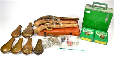 Lot 404 - A Quantity of Gun Accessories, including six copper powder flasks, a green painted metal target...