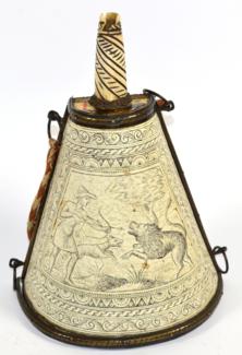 Lot 406 - An Unusual Large Continental Wood Powder Flask, of semi conical form, the fascia painted in...