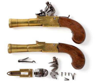 Lot 440 - A Pair of 18th Century Flintlock Brass Barrel Pocket Pistols by Twigg of London, one...