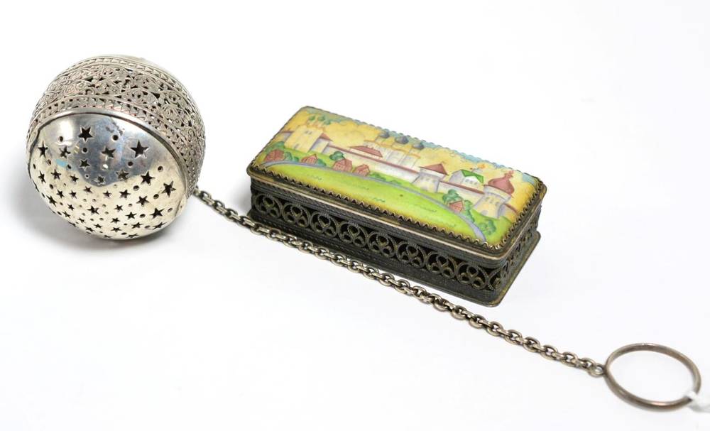 Lot 4 - A white metal spherical tea infuser, marked G.Aggarise Firenze; and a small filigree box, the inset