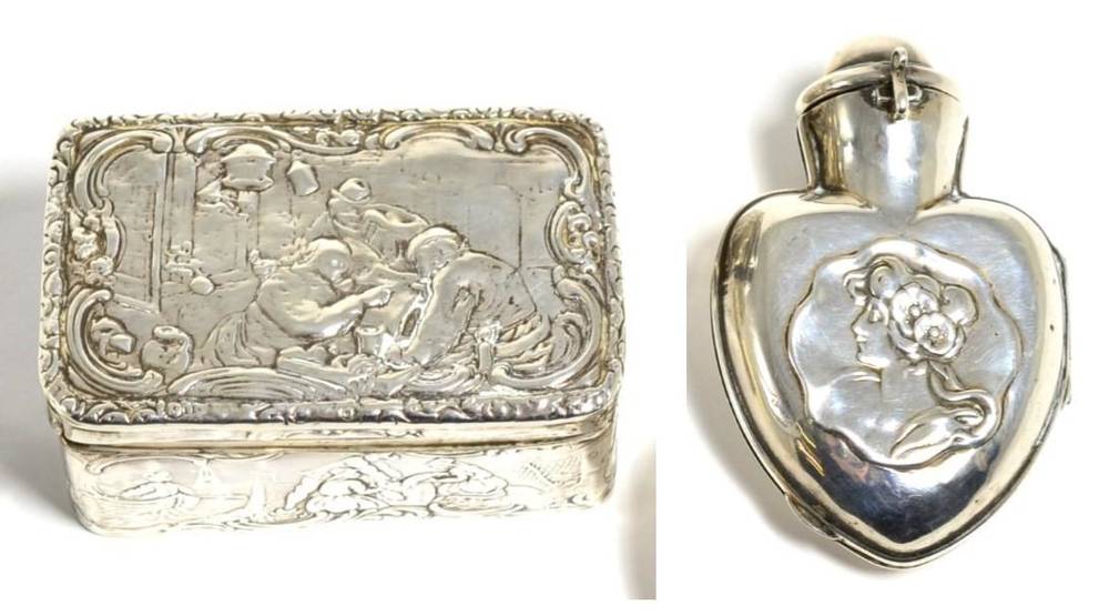 Lot 12 - A German silver box, English import marks for Berthold Muller, Chester 1901, decorated with figures