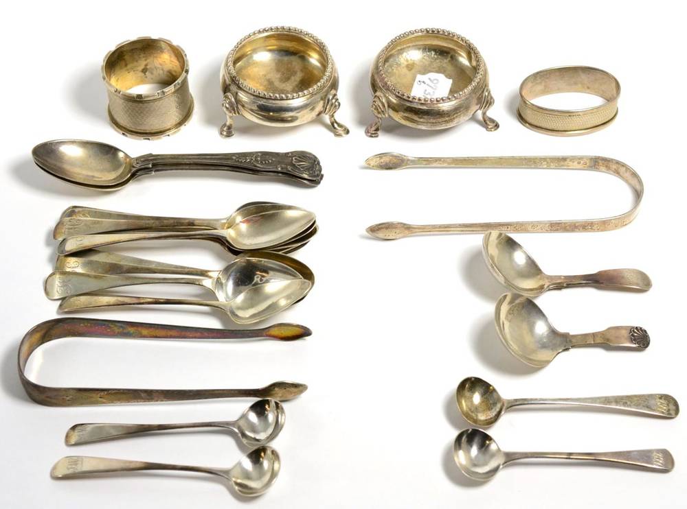Lot 13 - A group of silver items to include a pair of George III salts, Thomas Evans, London 1774; two pairs