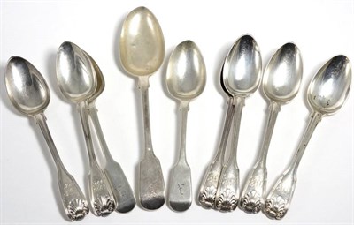 Lot 15 - A set of six William IV silver fiddle, thread and shell pattern dessert spoons, London 1837;...