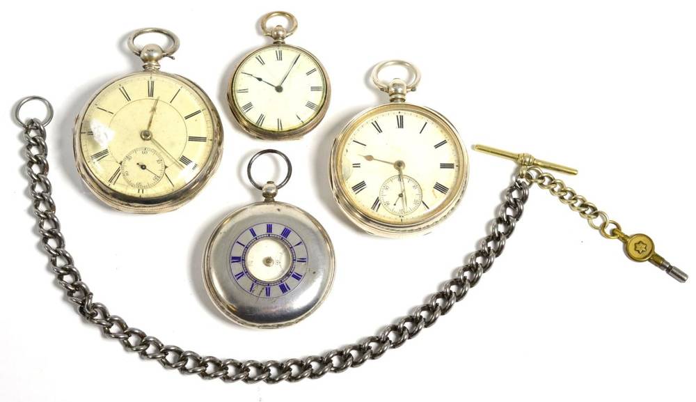 Lot 33 - Three silver pocket watches; a lady's fob watch and a chain