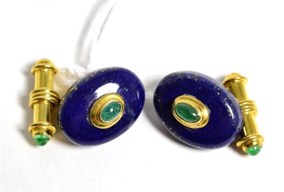 Lot 34 - A pair of gilt metal lapis lazuli; and emerald cabochon cufflinks