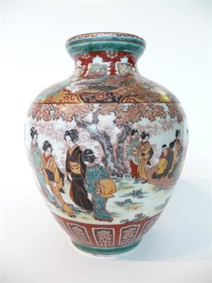 Lot 186 - A Kutani Porcelain Ovoid Vase, Meiji period, with everted rim, painted with a continuous scene...