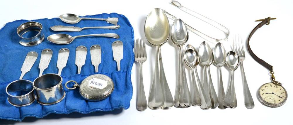 Lot 40 - Silver wares including a set of Canadian fiddle pattern teaspoons; Continental cutlery; pocket...