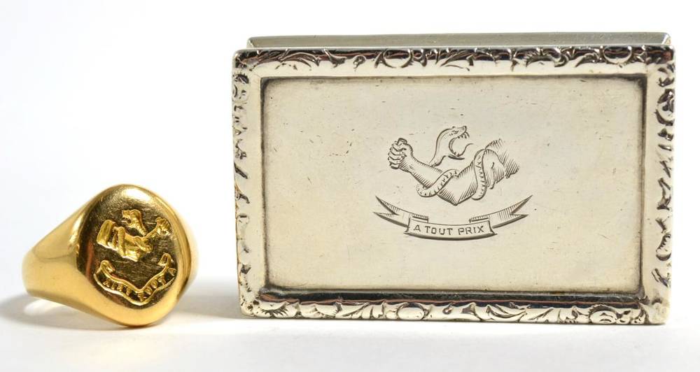 Lot 44 - An Edwardian silver snuff box, 'R.C', Birmingham, 1908; and an 18 carat gold signet ring, fs Q,...