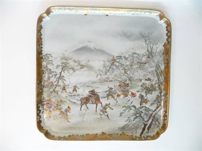 Lot 187 - A Kutani Porcelain Square Tray, Meiji period, with re-entrant corners painted with a battle...