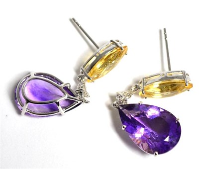 Lot 51 - A pair of amethyst, citrine and diamond earrings, a marquise cut citrine suspends a cluster of...