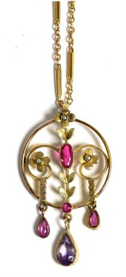 Lot 53 - An early twentieth century garnet, amethyst and seed pearl pendant, on a fancy bar link chain, 7.2g
