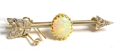 Lot 54 - An early twentieth century opal and diamond arrow brooch, an oval opal to a diamond set arrow,...