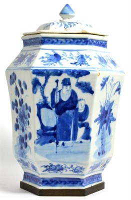 Lot 71 - A Chinese porcelain hexagonal jar and cover, Qing dynasty, painted in underglaze blue with...