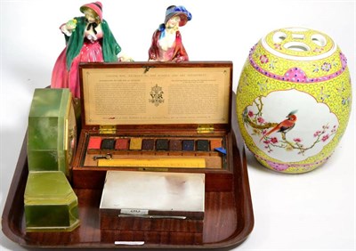 Lot 90 - A George Rowney ''Colour Box'', unused colours; two Royal Doulton figures ''Paisley Shawl'' and...