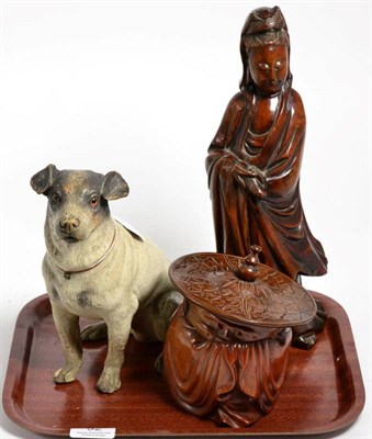 Lot 92 - A painted terracotta dog; a hardwood figure of Guanyin; similar tobacco box