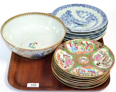 Lot 102 - Seven Cantonese famille rose plates; together with a group of Chinese export blue and white...