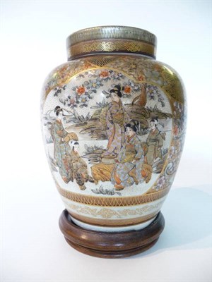 Lot 193 - A Satsuma Earthenware Ovoid Jar, Cover and Inner Cover, Meiji period (1868-1912), painted with...