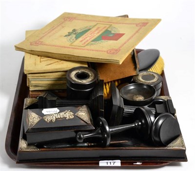 Lot 117 - An ebonised and silver mounted dressing table set; cigarette cards; and a small quantity of coins