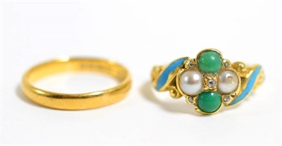 Lot 119 - A 22 carat gold band ring, finger size I1/2, 2.6g and a Victorian turquoise, split pearl,...