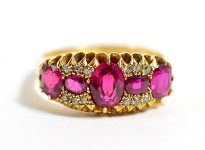 Lot 143 - 18 carat gold synthetic ruby and diamond ring, finger size T, 6.1g