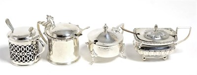 Lot 166 - Four various silver mustard pots, comprising: one of drum shape, James Dixon & Sons; a pierced drum