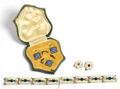 Lot 169 - A Danish enamel bracelet, by Gustav Hellstrom, length 18cm, a pair of Danish enamel flower earrings