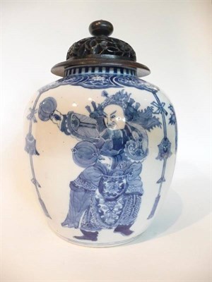 Lot 200 - A Chinese Porcelain Ovoid Jar, 19th century, painted in underglaze blue with warriors below a...