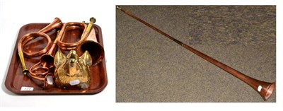 Lot 177 - A Mayers & Harrison brass and copper bugle; a brass and copper coaching horn; three assorted...