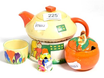 Lot 225 - A Clarice Cliff Bizarre condiment; two other pieces of Clarice Cliff; and a Shelley teapot