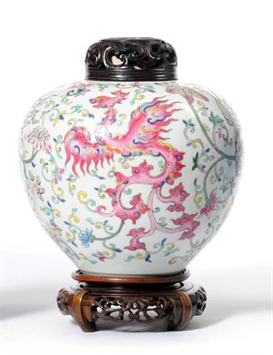 Lot 205 - A Chinese Porcelain Ovoid Jar, 19th century, painted in famille rose enamels with dragons...