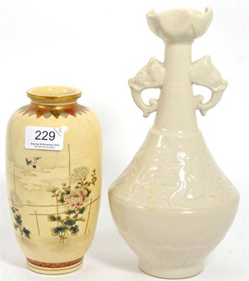 Lot 229 - A Chinese white glazed twin handled vase, incised to base; and a Japanese Satsuma vase (2)