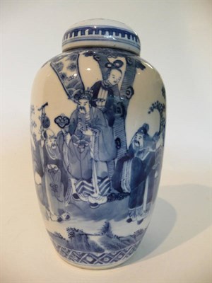 Lot 206 - A Chinese Porcelain Ovoid Jar and Cover, late 19th century, painted in underglaze blue with a...