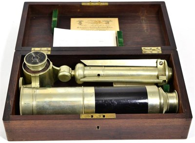 Lot 237 - An early 20th century nickel five draw telescope with solar eyepiece and folding tripod, in a...