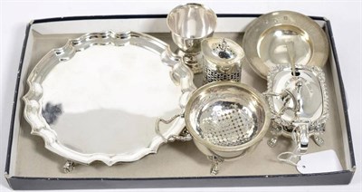 Lot 238 - A small silver salver, Sheffield 1981; a mustard pot, London 1937; a tea strainer and stand;...