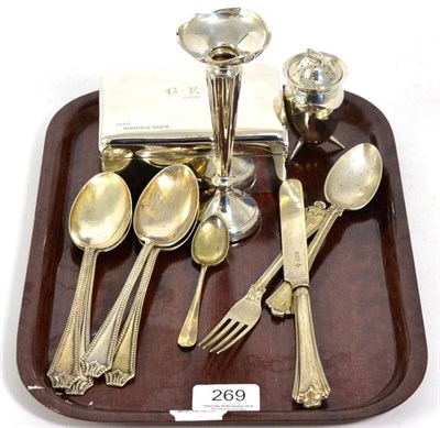 Lot 269 - Silver items to include a table cigarette box; a posy vase; four bead edge dessert spoons etc