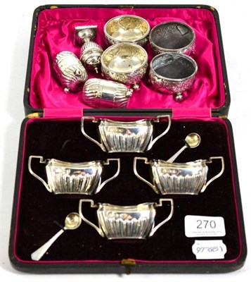 Lot 270 - A cased set of four silver salts, Sheffield 1899; another set of four silver salts, Sheffield 1882