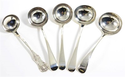 Lot 283 - Two George III silver Old English pattern sauce ladles, London 1786/89; two later examples...