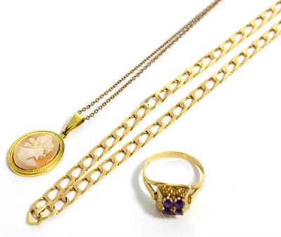 Lot 292 - A 9 carat gold cuban link necklace; an amethyst ring; and a cameo pendant on chain, 15.5g gross