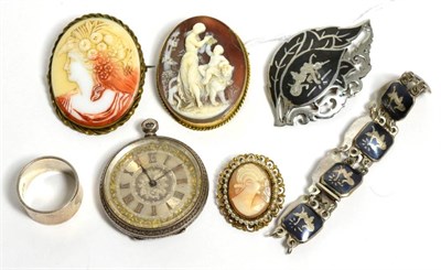 Lot 314 - Siam brooch and bracelet each stamped sterling, a silver ring, a lady's fob watch, a cameo...