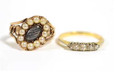 Lot 321 - A seed pearl mourning cluster ring, with glazed centre, finger size M, 3.4g and a diamond five...